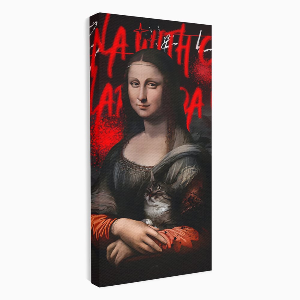 Tablou canvas cu tablou canvas cu mona lisa si o pisica, fara rama, pe sasiu de lemn